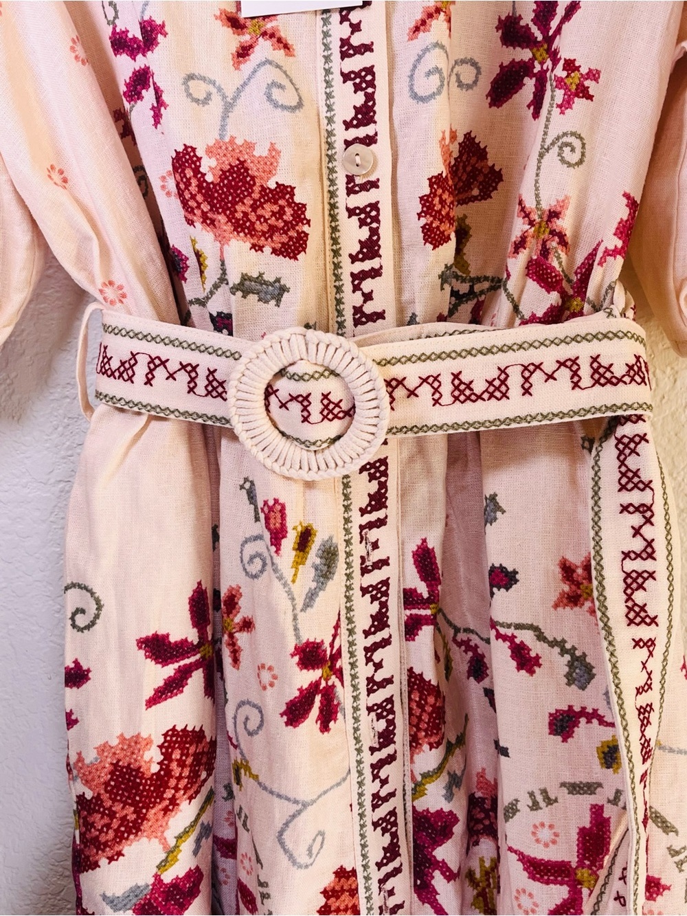 Caroline Constas Cream Multi Colored Embroidered Belted Midi Dress Western Med - Picture 7 of 13